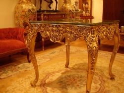 CARVED GILT GAMES TABLE WITH MARBLE MOUNTED TOP