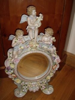 CONTINENTAL FACTORY CHERUB & FLORREL DRESSING TABLE MIRROR WITH ROUND BEVAL CUT GLASS  22 INCHES HIGH