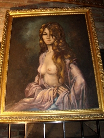 ART DECO OIL ON CANVAS PORTRAIT OF SEMI NUDE YOUNG LADY POSING IN A MOONLIGHT STUDY.