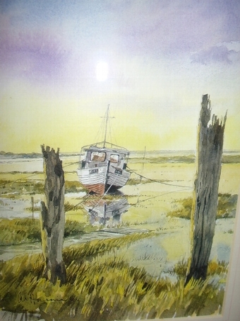 Antique FIRST SIGNED COPY PRINT OF THORNHAM HARBOUR NORFOLK  BY ARTIST A.E.HARRISON AFTER HIS ORIGINAL WATERCOLOUR PAINTING  H14.5  x  W12.5  INCHES 