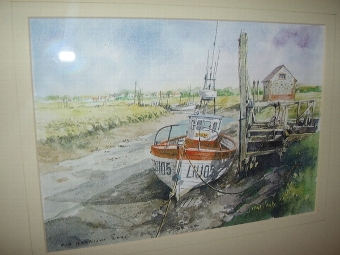 Antique FIRST SIGNED COPY PRINT OF THORNHAM HARBOUR NORFOLK  BY ARTIST A.E.HARRISON AFTER HIS ORIGINAL WATERCOLOUR PAINTING  W.16.5  x  H.13.5  INCHES 