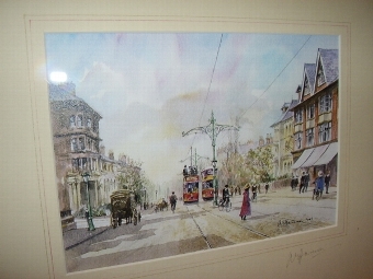 Antique FIRST SIGNED COPY PRINT OF LONDON ROAD LEICESTER  BACK IN 1900'S BY ARTIST A.E.HARRISON AFTER HIS ORIGINAL WATERCOLOUR PAINTING  W.16.5  x  H.13.5  INCHES 