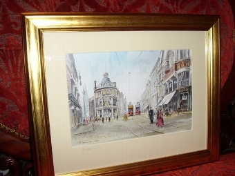 FIRST SIGNED COPY PRINT OF HIGH STREET LEICESTER  BACK IN 1900'S BY ARTIST A.E.HARRISON AFTER HIS ORIGINAL WATERCOLOUR PAINTING  W16.5  x H13.5  INCHES
