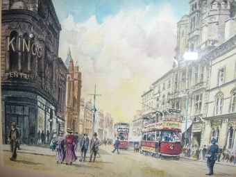 Antique FIRST SIGNED COPY PRINT OF GRANBY STREET LEICESTER  BACK IN 1900'S BY ARTIST A.E.HARRISON AFTER HIS ORIGINAL WATERCOLOUR PAINTING  W14.5  x H12.5  INCHES 