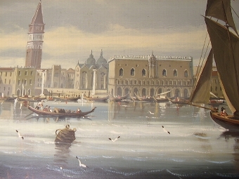 Antique A QUALITY SIGNED OIL ON BOARD DEPICTING A BRITISH GALLEON ANCHORED OFF OF VENICE ITALY BY SALVATORE COLACICCO  IN  PLASTER & GILT FRAME MEASURING 40 X 30 INCHES