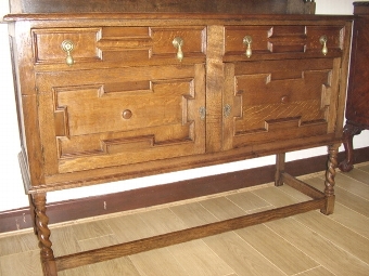 Antique OAK DRESSER WITH BARLEYTWIST SUPPORTS & UPPER CUPBOARD WITH DOUBLE LOWER CUPBOARDS & DRAWERS C1900-20