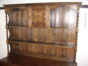 Antique OAK DRESSER WITH BARLEYTWIST SUPPORTS & UPPER CUPBOARD WITH DOUBLE LOWER CUPBOARDS & DRAWERS C1900-20