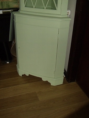Antique PAINTED CORNER CABINET WITH GLAZED UPPER DISPLAY CABINET AND LOWER LOCKABLE BASE CUPBOARD 