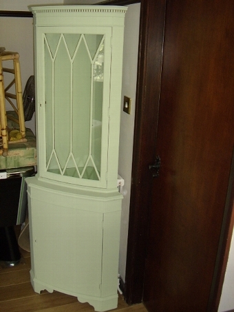 Antique PAINTED CORNER CABINET WITH GLAZED UPPER DISPLAY CABINET AND LOWER LOCKABLE BASE CUPBOARD 