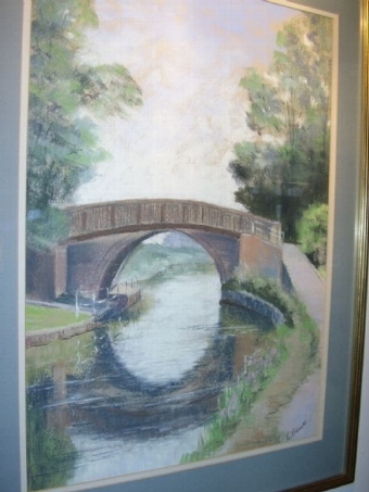 PASTEL DRAWING OF BRIDGE & CANAL WITH FOOTPATH AT FOXTON IN LEICESTERSHIRE