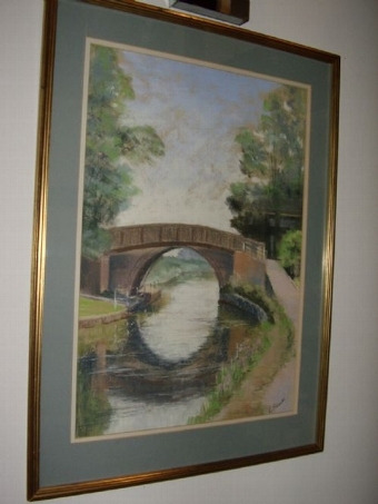 Antique PASTEL DRAWING OF BRIDGE & CANAL WITH FOOTPATH AT FOXTON IN LEICESTERSHIRE 