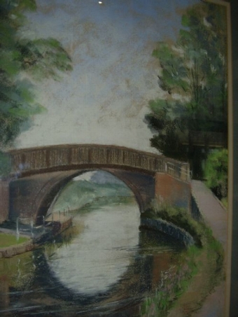 Antique PASTEL DRAWING OF BRIDGE & CANAL WITH FOOTPATH AT FOXTON IN LEICESTERSHIRE 