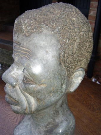 Antique AFRICAN TRIBAL BUST SCULPTURED FROM GREY  SOAPSTONE MEASURING 14 INCHES HIGH