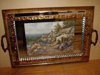 ART DECO MIRRORED TRAY FINISHED IN WALNUT VENEER WITH GLASS BLOCKWORK & BRIGHT YELLOW SUNFLOWER DESIGN 22 X 14.5 INCHES