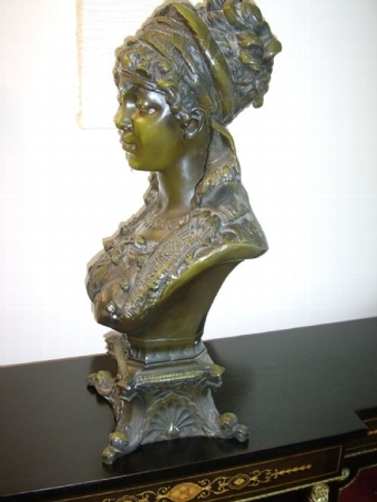 Antique ART NOUVEAU PERIOD COLD CAST ENAMEL PAINTED FRENCH BRONZE BUST OF A MAIDEN SIGNED  HENRY WISSEN SENIOR C1894-1914 26.5 INCHES HIGH 