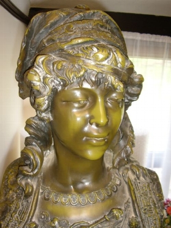 Antique ART NOUVEAU PERIOD COLD CAST ENAMEL PAINTED FRENCH BRONZE BUST OF A MAIDEN SIGNED  HENRY WISSEN SENIOR C1894-1914 26.5 INCHES HIGH 