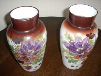 Antique PAIR OF VICTORIAN MILK GLASS FLORREL PAINTED VASES 10 INCHES HIGH