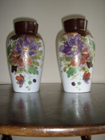 Antique PAIR OF VICTORIAN MILK GLASS FLORREL PAINTED VASES 10 INCHES HIGH