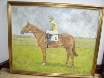 SPORTING RACING OIL ON CANVAS OF MOUNTED JOCKEY ON LIGHT CHESNUT BAY RACEHORSE 33 X 27 INCHES