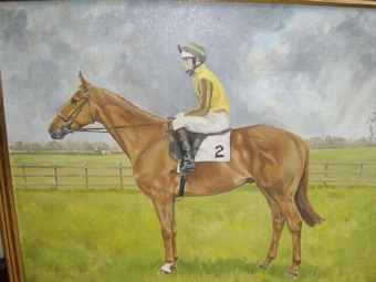 Antique SPORTING RACING OIL ON CANVAS OF MOUNTED JOCKEY ON LIGHT CHESNUT BAY RACEHORSE 33 X 27 INCHES 