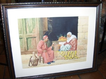 Antique QUALITY WATERCOLOUR PAINTING BY VICTOR PRESCOTT OF EGYPTIAN STREET SELLER BARTERING OVER HIS FRUIT 21.75