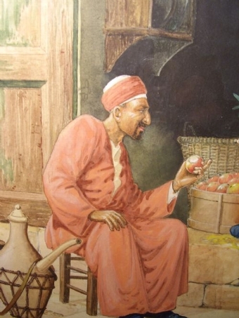Antique QUALITY WATERCOLOUR PAINTING BY VICTOR PRESCOTT OF EGYPTIAN STREET SELLER BARTERING OVER HIS FRUIT 21.75