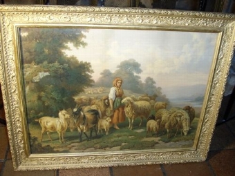 Antique VICTORIAN TEXTURED OILEOGRAPH UNDER GLASS OF A LADY HERDER FEEDING SHEEP & PRESENTED IN THE ORIGINAL DECORATIVE GILT FRAME SIZE 23 X 18 INCHES 