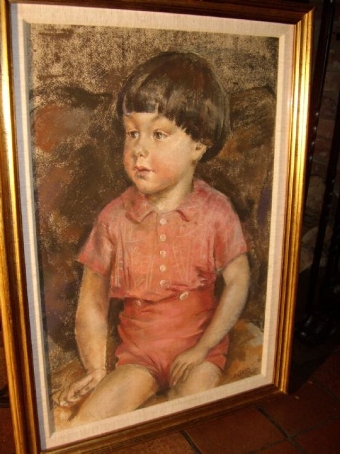 EXCEPTIONAL PASTEL & GAUCHE PORTRAIT OF A YOUNG BOY SITTING BY ARTIST J.A.GRANT 27.5 X 20 INCHES