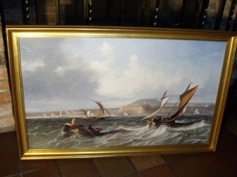 Antique VICTORIAN SEASCAPE PRINT DEPICTING SCENE OF VESSELS IN ROUGH SEAS OFF OF THE  TYNEMOUTH COASTLINE AFTER AN ORIGINAL PAINTING BY MARINE ARTIST J.W.CARMICHAEL 36.5 X 23 INCHES