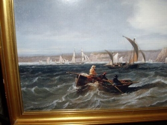 Antique VICTORIAN SEASCAPE PRINT DEPICTING SCENE OF VESSELS IN ROUGH SEAS OFF OF THE  TYNEMOUTH COASTLINE AFTER AN ORIGINAL PAINTING BY MARINE ARTIST J.W.CARMICHAEL 36.5 X 23 INCHES