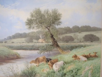 Antique HARVEST TIME PRINT WITH CATTLE WATERING & PRESENTED IN NICE GILT FRAME UNDER GLASS