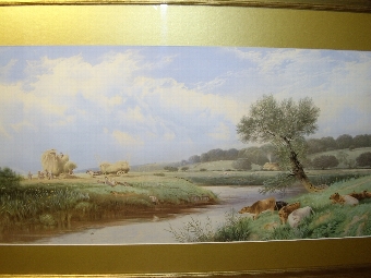 Antique HARVEST TIME PRINT WITH CATTLE WATERING & PRESENTED IN NICE GILT FRAME UNDER GLASS
