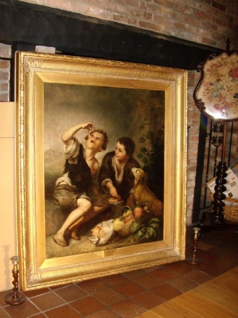 THE PIE EATERS AFTER BARTOLOME ESTEBAN MURILLO (1617-D1682) OIL ON CANVAS EARLY 19TH CENTURY CIRCA 1800-1810 EUROPEN SCHOOL IN ORIGINAL SWEPT GILT FRAME SIZE 53 X 46 INCHES