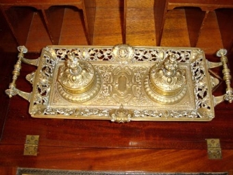 Antique VICTORIAN BRASS TWIN INK STAND / PEN REST DESK TIDY WITH BRONZE LINERS & ORNATE TURNED HANDLES C1840-60 15.5  X 6.75 INCHES