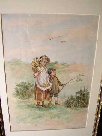 Antique WATERCOLOUR OF YOUNG GIRL WITH BOY SIGNED J.CRAMMER MEASURING 13.75 X 9 INCHES