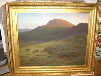 ROYAL ACADEMY EXHIBITED LANDSCAPE PAINTING BY ARTIST J.KNIGHT DEPICTING A MOORLAND RURAL SCENE WITH DEER  EXECUTED IN A PASTEL & GOUACHE MEDIUM CIRCA 1895 MOUNTED INSIDE A HUGH SWEPT GILT FRAME SIZE 62 X 52 INCHES