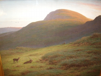 Antique ROYAL ACADEMY EXHIBITED LANDSCAPE PAINTING BY ARTIST J.KNIGHT DEPICTING A MOORLAND RURAL SCENE WITH DEER  EXECUTED IN A PASTEL & GOUACHE MEDIUM CIRCA 1895 MOUNTED INSIDE A HUGH SWEPT GILT FRAME SIZE 62 X 52 INCHES