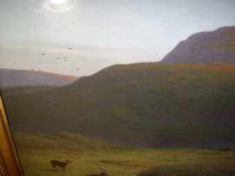 Antique ROYAL ACADEMY EXHIBITED LANDSCAPE PAINTING BY ARTIST J.KNIGHT DEPICTING A MOORLAND RURAL SCENE WITH DEER  EXECUTED IN A PASTEL & GOUACHE MEDIUM CIRCA 1895 MOUNTED INSIDE A HUGH SWEPT GILT FRAME SIZE 62 X 52 INCHES