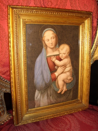Antique AFTER THE ORIGINAL MADONNA DEL GRANDUCA BY RAPHAEL IN THE PITTI GALLERY FLORENCE MEASURING 11 X 14 INCHES WITH LABEL VERSO  