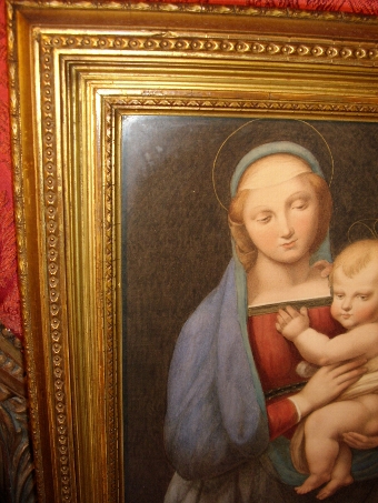 Antique AFTER THE ORIGINAL MADONNA DEL GRANDUCA BY RAPHAEL IN THE PITTI GALLERY FLORENCE MEASURING 11 X 14 INCHES WITH LABEL VERSO  