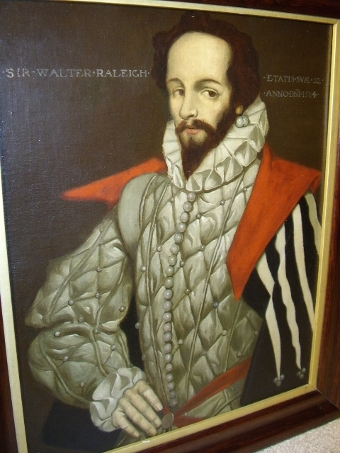 Antique SIR WALTER RALEIGH OIL PORTRAIT PAINTING ON CANVAS LATE 18TH CENTURY ENGLISH SCHOOL IN ORIGINAL MAHOGANY VENEERED POLISHED FRAME SIZE 25.5 X 22.25 INCHES
