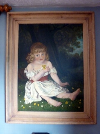 Antique 19TH CENTURY VICTORIAN OIL PORTRAIT PAINTING ON CANVAS OF YOUNG GIRL SITTING ON GRASS AMONGST THE DAISES / ENGLISH SCHOOL CIRCA 1882 SIGNED W.TERRY  35.5 X 27.5 INCHES