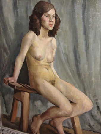 Antique OIL PORTRAIT PAINTING STUDY ON CANVAS OF NUDE GIRL SITTING ON STOOL IN A RELAXED POSE CIRCA 1910-20 BY SLADE SCHOOL OF ART STUDENT ALICE WEST