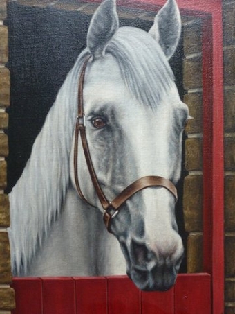 Antique OIL PAINTING ON CANVAS OF SHOW JUMPING CHAMPION HORSE 