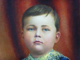 Antique 19TH CENTURY OIL PORTRAIT PAINTING OF YOUNG BOY HOLDING WOODEN SPINNING TOP / SIZE 29 X 23 INCHES