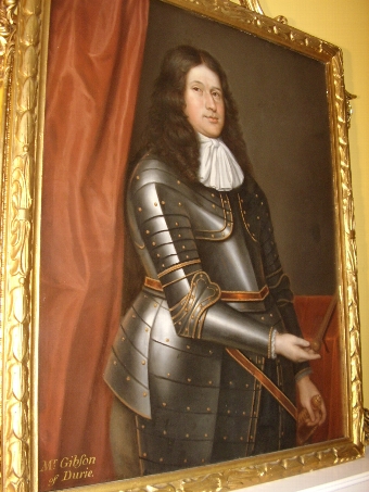Antique FINE LATE 17TH CENTURY OIL PORTRAIT PAINTING OF MR. GIBSON OF DURIE WEARING HIS FULL SUIT OF ARMOUR & ATTRIBUTED TO ARTIST DAVID SCOUGALL IN PERIOD CARVED WOODEN GILT FRAME H54 X W44 INCHES 