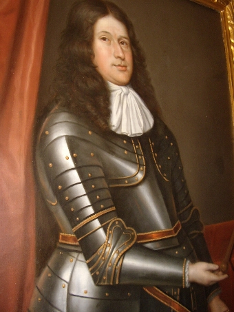 Antique FINE LATE 17TH CENTURY OIL PORTRAIT PAINTING OF MR. GIBSON OF DURIE WEARING HIS FULL SUIT OF ARMOUR & ATTRIBUTED TO ARTIST DAVID SCOUGALL IN PERIOD CARVED WOODEN GILT FRAME H54 X W44 INCHES 