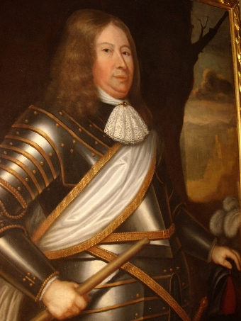 Antique FINE LATE 17TH CENTURY OIL PORTRAIT PAINTING OF DAVID 2nd.EARL WEMYSS WEARING HIS FULL SUIT OF ARMOUR & CIRCLE OF ARTIST DAVID SCOUGALL IN PERIOD CARVED WOODEN GILT FRAME H54 X W44 INCHES 
