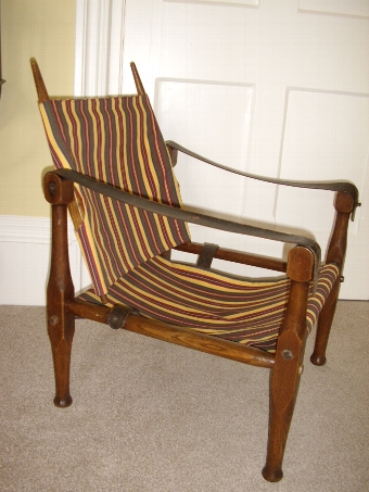Antique OAK CAMPAIGN COLLAPSABLE SAFARI CHAIR RECENTLY RE-UPHOLSTERED C1910-20