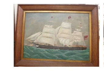 Antique IMPORTANT HISTORICAL MARINE OIL PAINTING OF THE SCHOONER PRINCE PATRICK CAPTAINED BY HENRY PATCHING IN 1867 SAILING FROM NEWCASTLE TO MELBOURNE WITH A CARGO OF COAL & 19TH CENTURY & SIZE 34.5 X 26.75 INCHES 